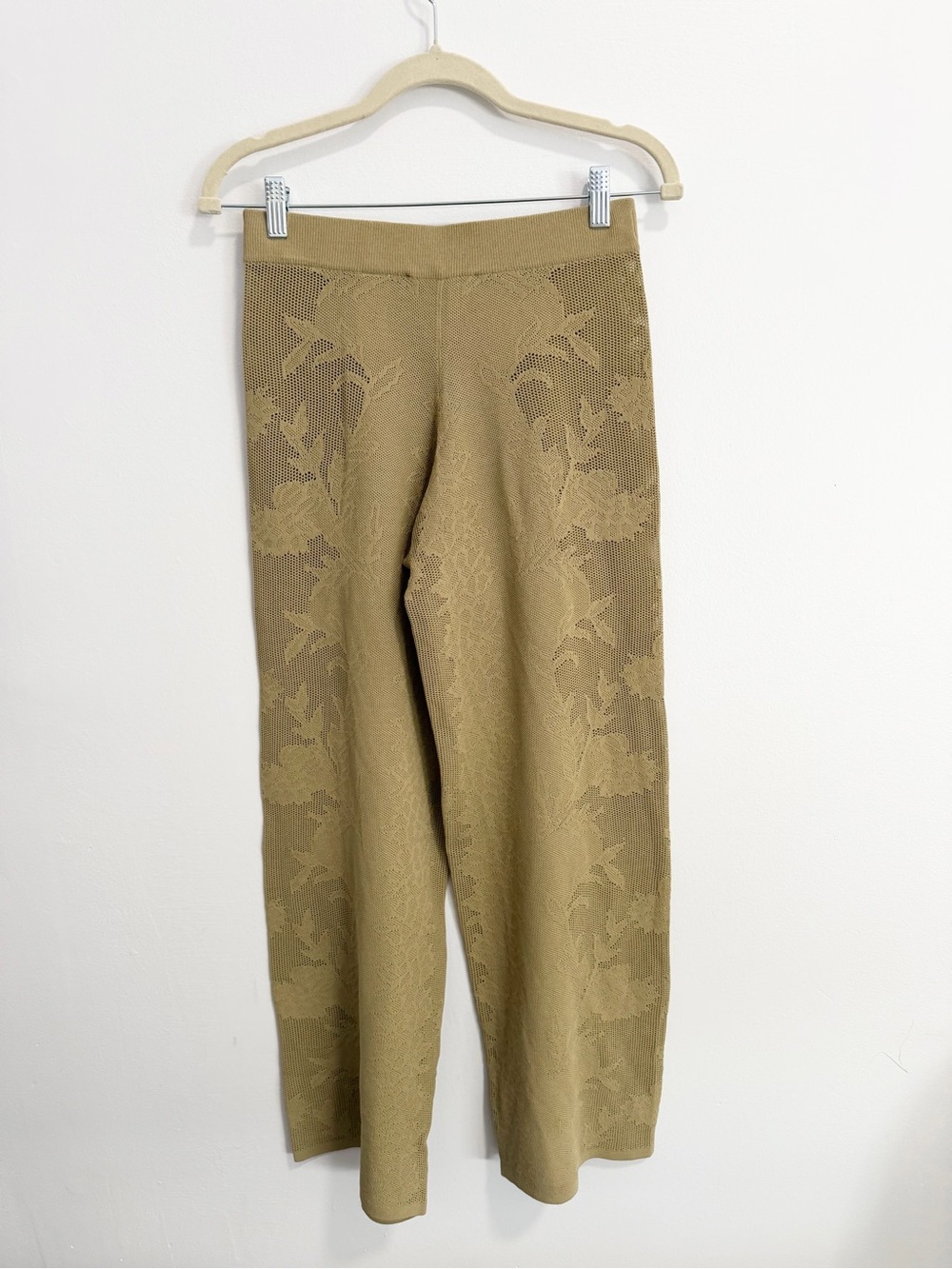 Zara Khaki Green Floral Lace Knit Pants Wide Leg Ribbed Waistband Size Small - Picture 2 of 4